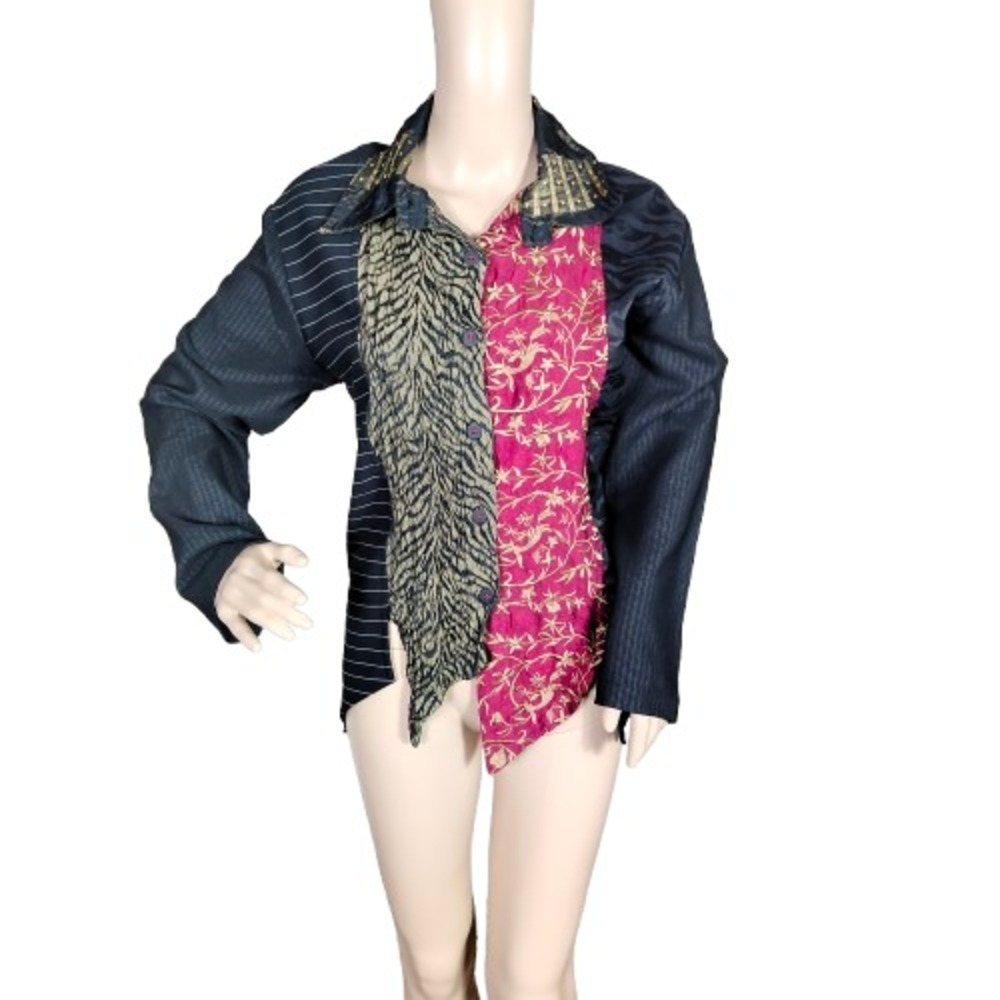 Xiao Top Womens Small Black Silk Patchwork Button Up Long Sleeve Hippie Boho